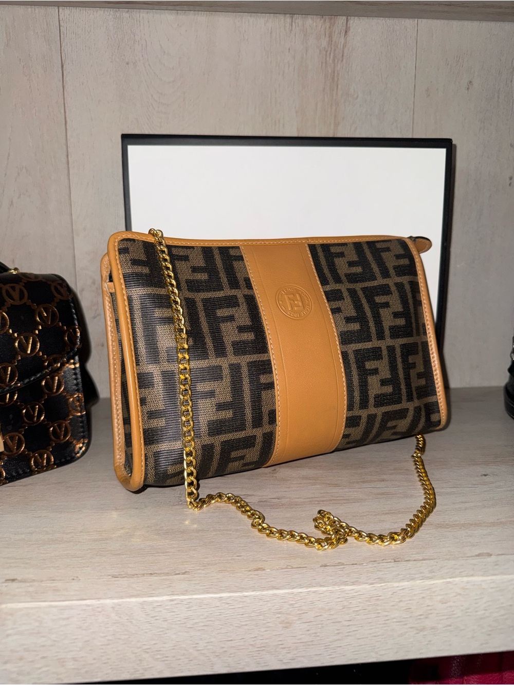 Fendi Brown Monogram Canvas and Tan Leather Shoulder Clutch with Gold Chain